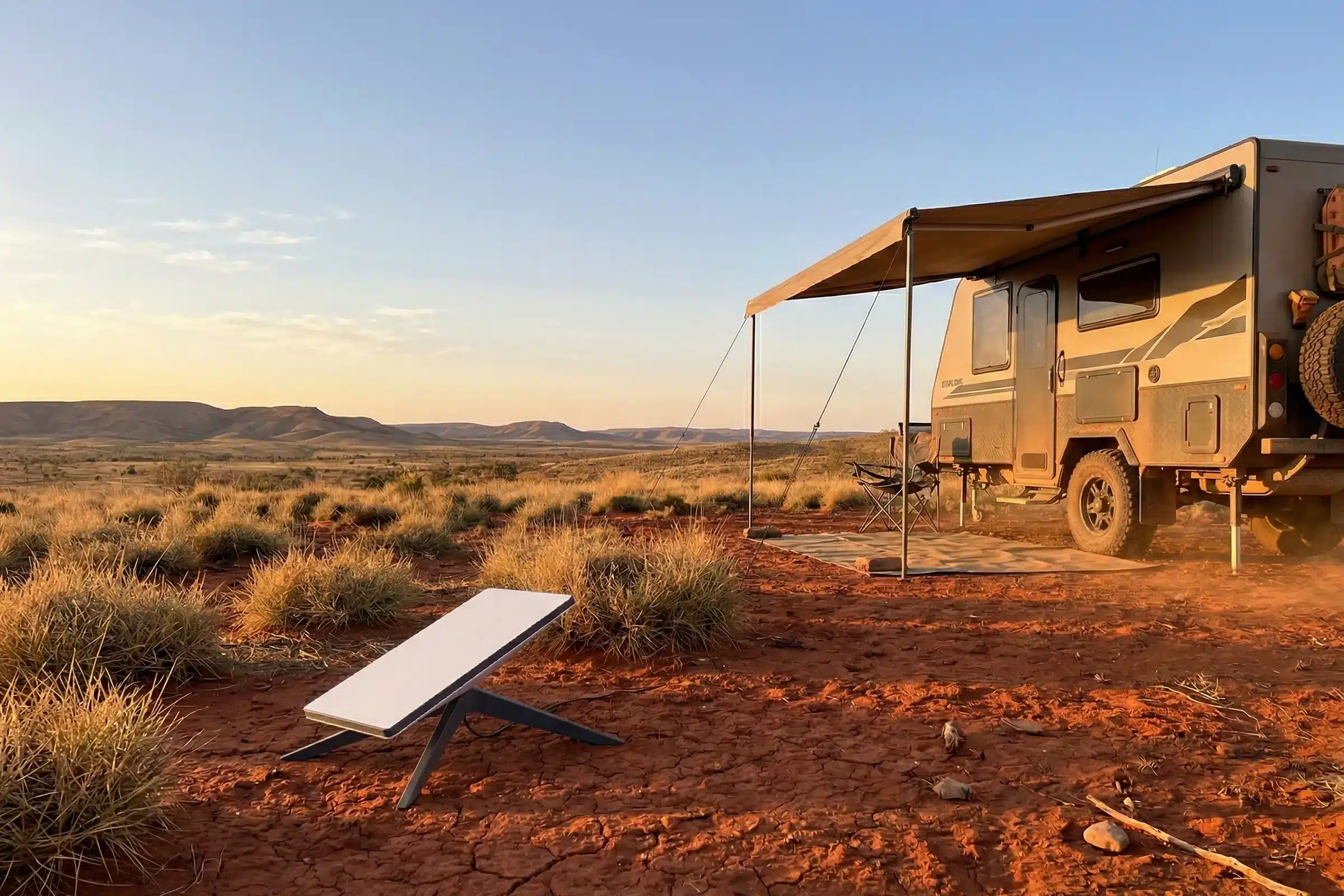 Starlink Mini satellite dish set up beside an off-road caravan in the Australian outback