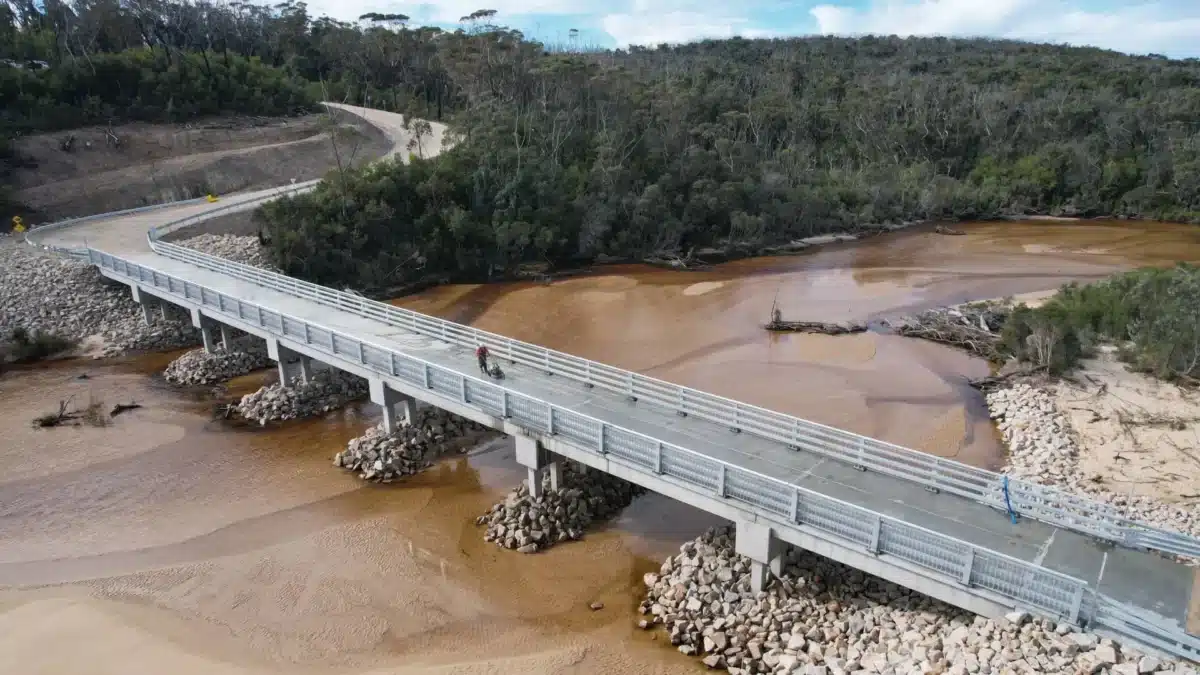 The new bridge at Thurra River in Croajingolong National Park, part of post-bushfire recovery works