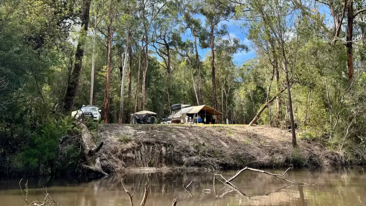 Bush camping setup beside the Thurra River in Croajingolong National Park, East Gippsland