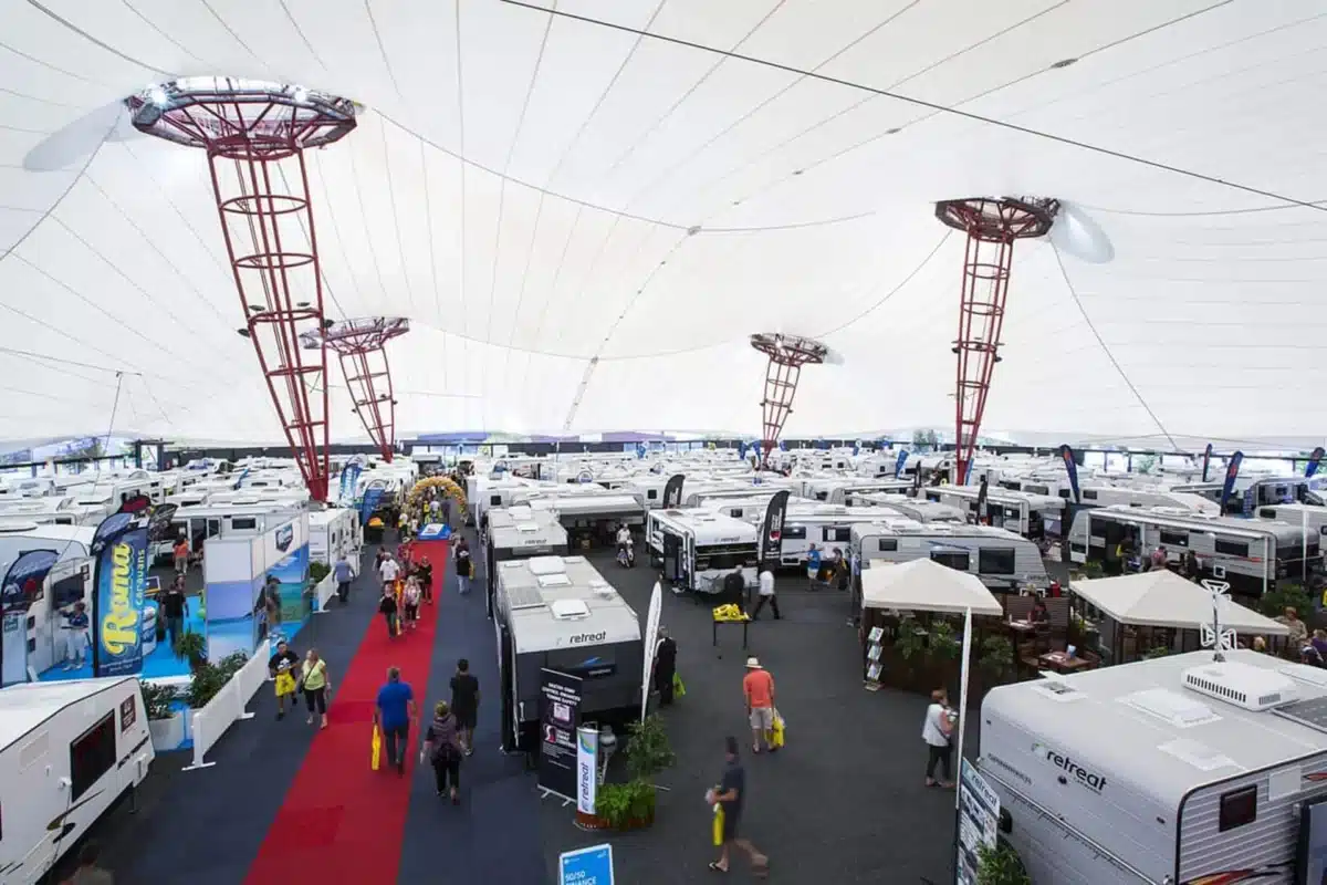 Indoor caravan exhibition hall at the Victorian Caravan and Camping Supershow 2026