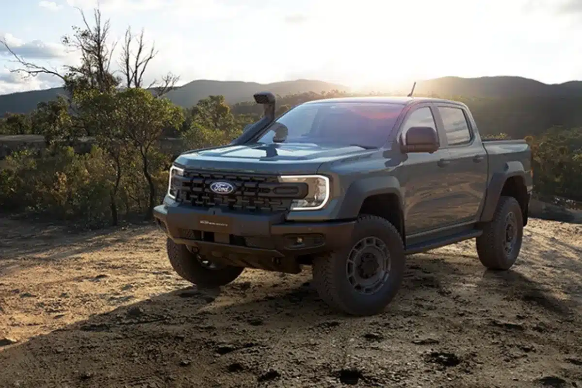 ford 2026 superduty on dirt at sunset or sunrise
