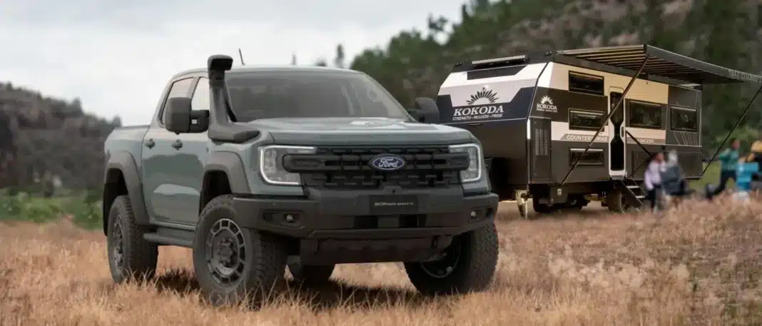 2026-ford-ranger-super-duty-towing-capacity ford ranger super duty parked in front of kokoda caravans big caravan displaying towing power