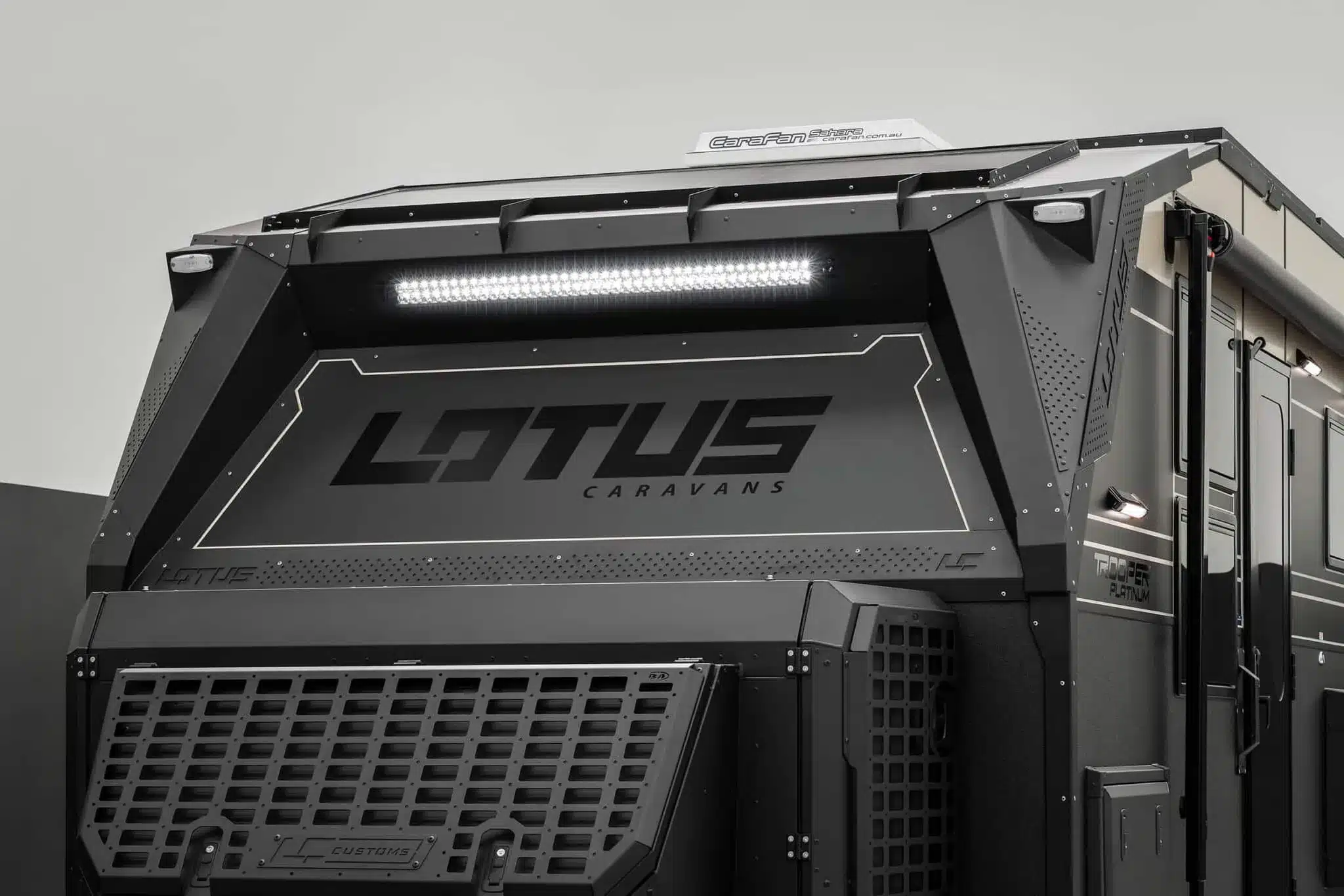 a preview look at the 2026 Lotus Caravans Trooper Platinum model, looking close up at some of the design features