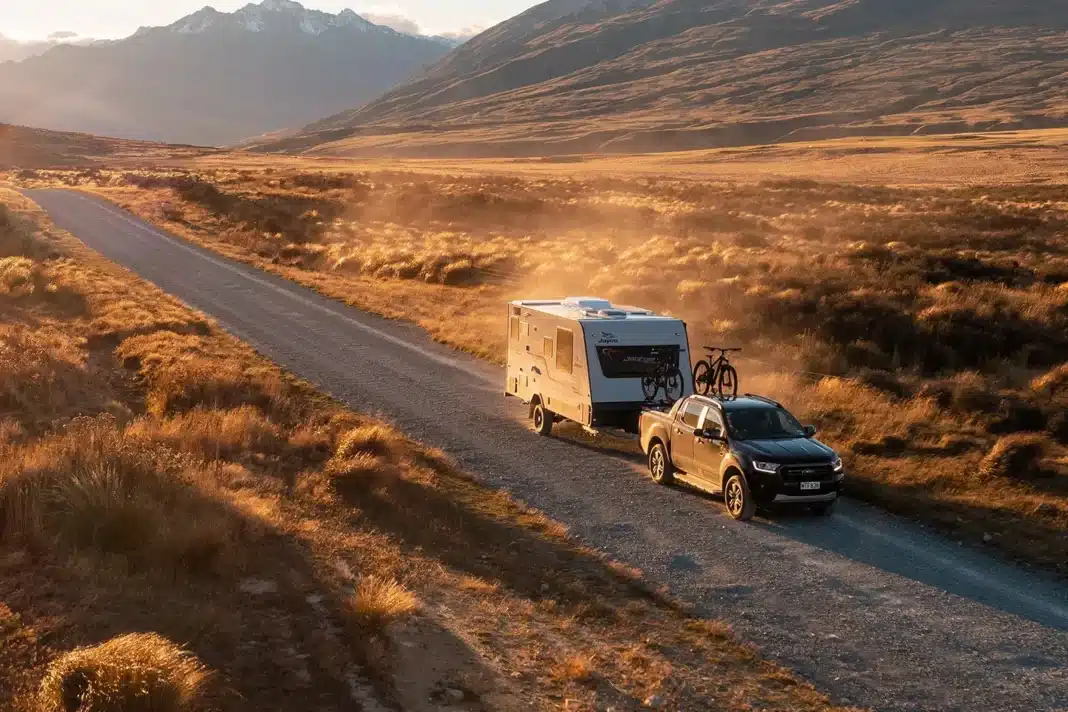 Caravan being towed through remote landscape highlighting rising fuel costs for road trips