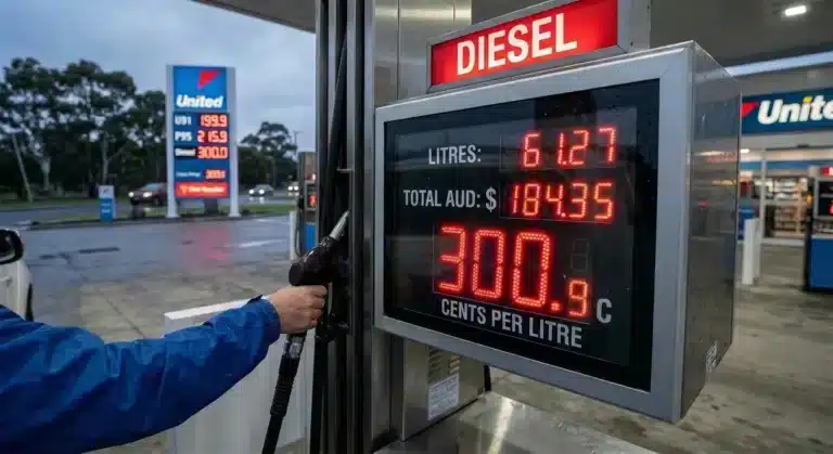Diesel price display at Australian service station showing high fuel costs