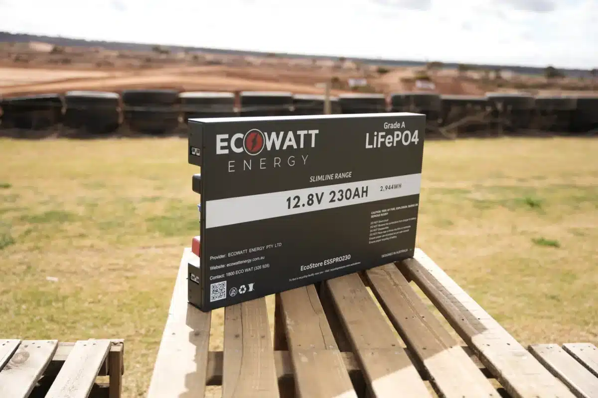 EcoWatt EcoStore Slimline PRO 230Ah LiFePO4 battery displayed outdoors during caravan power system review