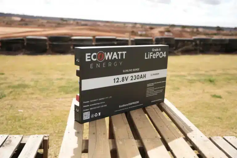 EcoWatt EcoStore Slimline PRO 230Ah LiFePO4 battery displayed outdoors during caravan power system review