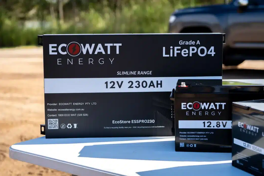 ecowatt-ecostore-slimline-pro-230ah-lithium-battery-product-range EcoWatt EcoStore Slimline PRO 230Ah lithium battery alongside smaller EcoWatt battery models