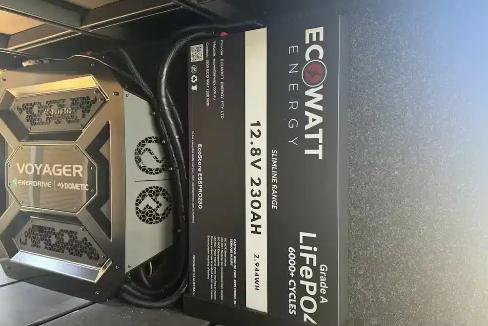 EcoWatt EcoStore Slimline PRO 230Ah lithium battery powering off-grid 4WD canopy setup