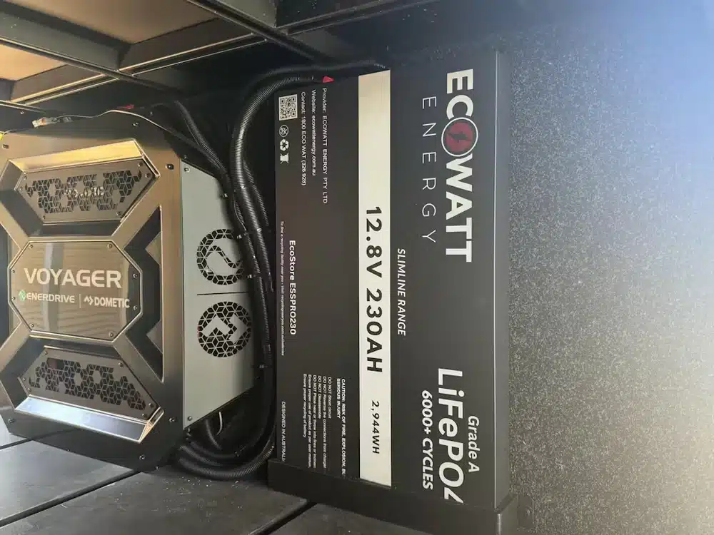 ecowatt-ecostore-slimline-pro-230ah-offroad-canopy-power-system EcoWatt EcoStore Slimline PRO 230Ah lithium battery powering off-grid 4WD canopy setup