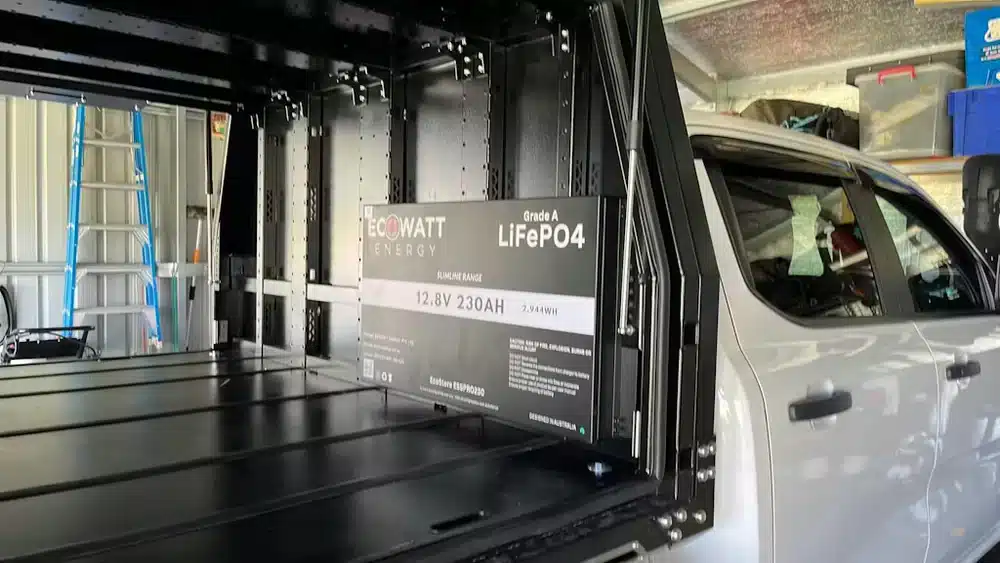 EcoWatt EcoStore Slimline PRO 230Ah lithium battery installed inside 4WD ute canopy storage system