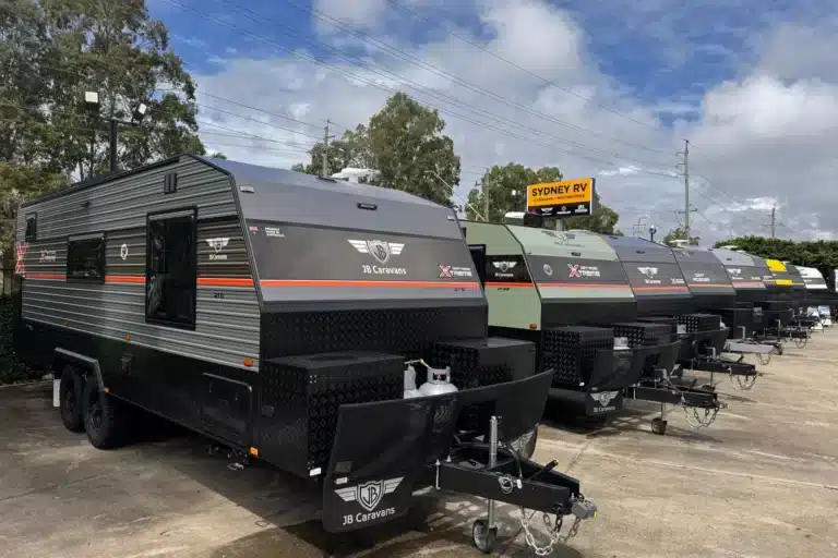 JB Caravans lineup at Sydney RV Penrith dealership featuring off-road caravan models on display.
