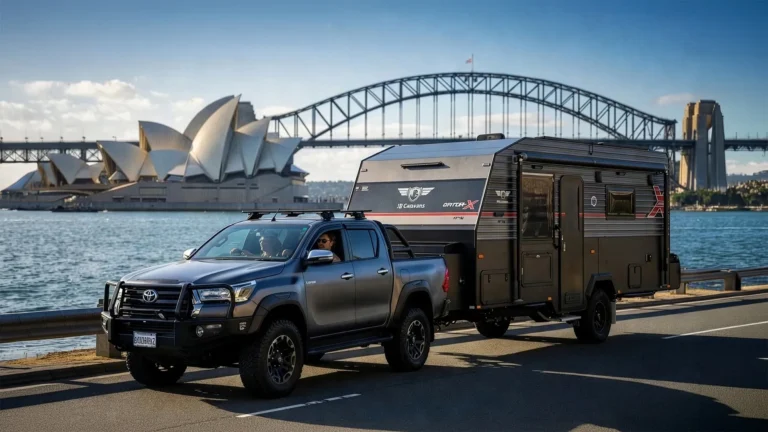 JB Caravans off-road caravan being towed past the Sydney Opera House and Harbour Bridge in Sydney Harbour.