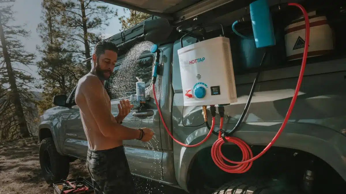 Joolca HOTTAP V2 mounted to 4WD providing outdoor shower during off-road camping