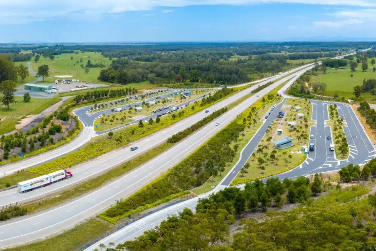 Aerial view of upgraded highway rest stop with caravan parking areas in Australia
