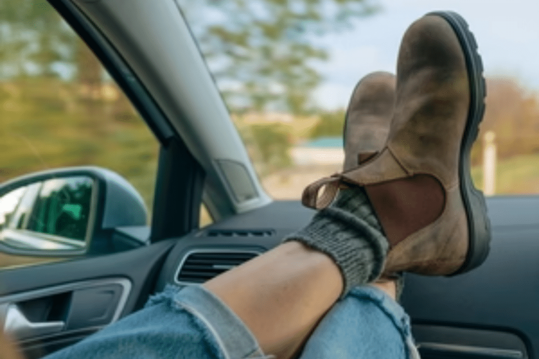 blundstone boots on car dash