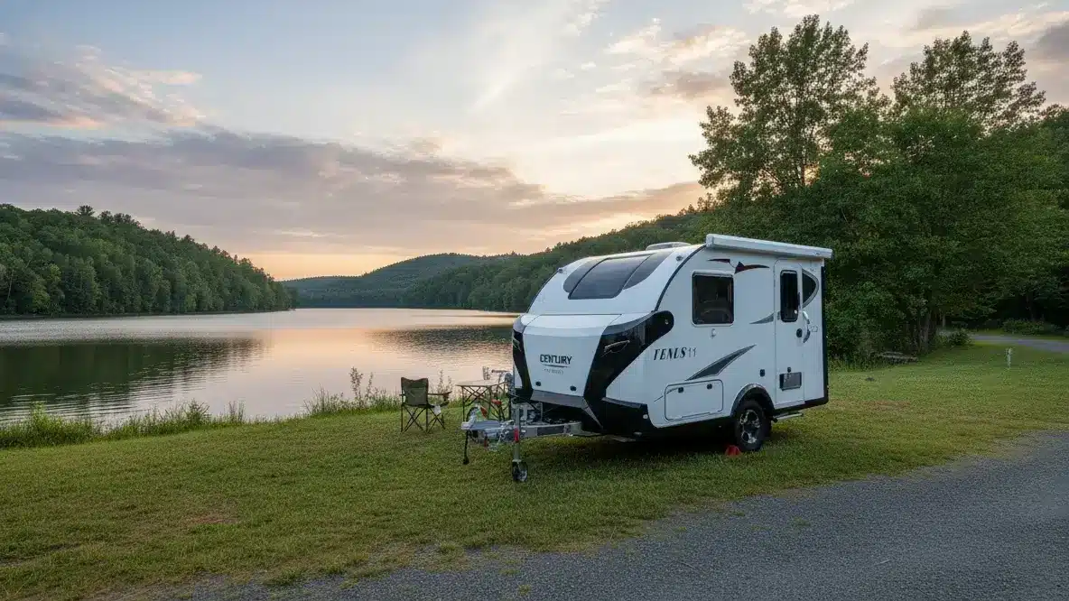tiny caravan by a lake
