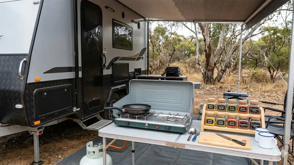 Camp kitchen setup beside an Australian caravan with two-burner Coleman stove, frying pan and a rack of native ingredient spice jars including wattleseed, lemon myrtle and bush tomato