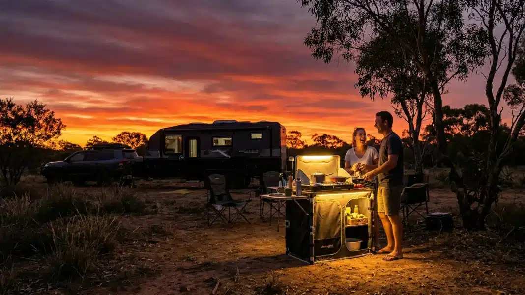 Couple laughing and cooking together at an illuminated portable camp kitchen station at sunset in the Australian outback, with a caravan and 4WD silhouetted against a vivid orange sky