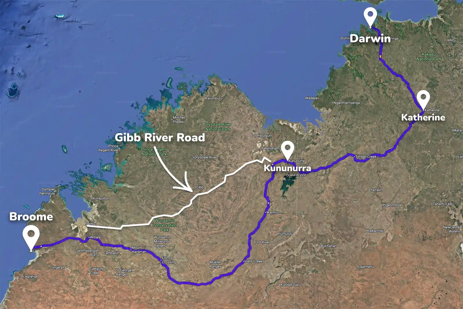 Map of the Darwin to Broome Kimberley road trip route showing key stops at Katherine, Kununurra and Broome, with the Gibb River Road marked through the East Kimberley region of Western Australia.