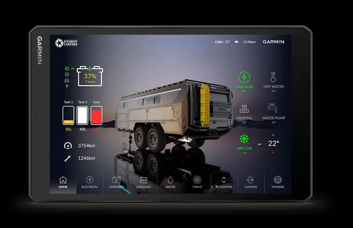 Expensive off road caravan on garmin touch screen for adjusting suspension height and other features