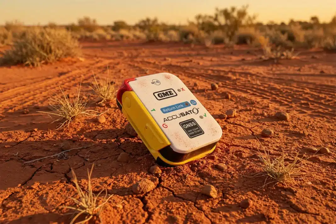 gme-mt620gr-plb-outback-red-dirt-golden-hour GME MT620GR personal locator beacon resting on cracked red dirt in the Australian outback at golden hour