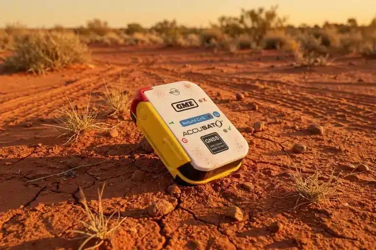 GME MT620GR personal locator beacon resting on cracked red dirt in the Australian outback at golden hour