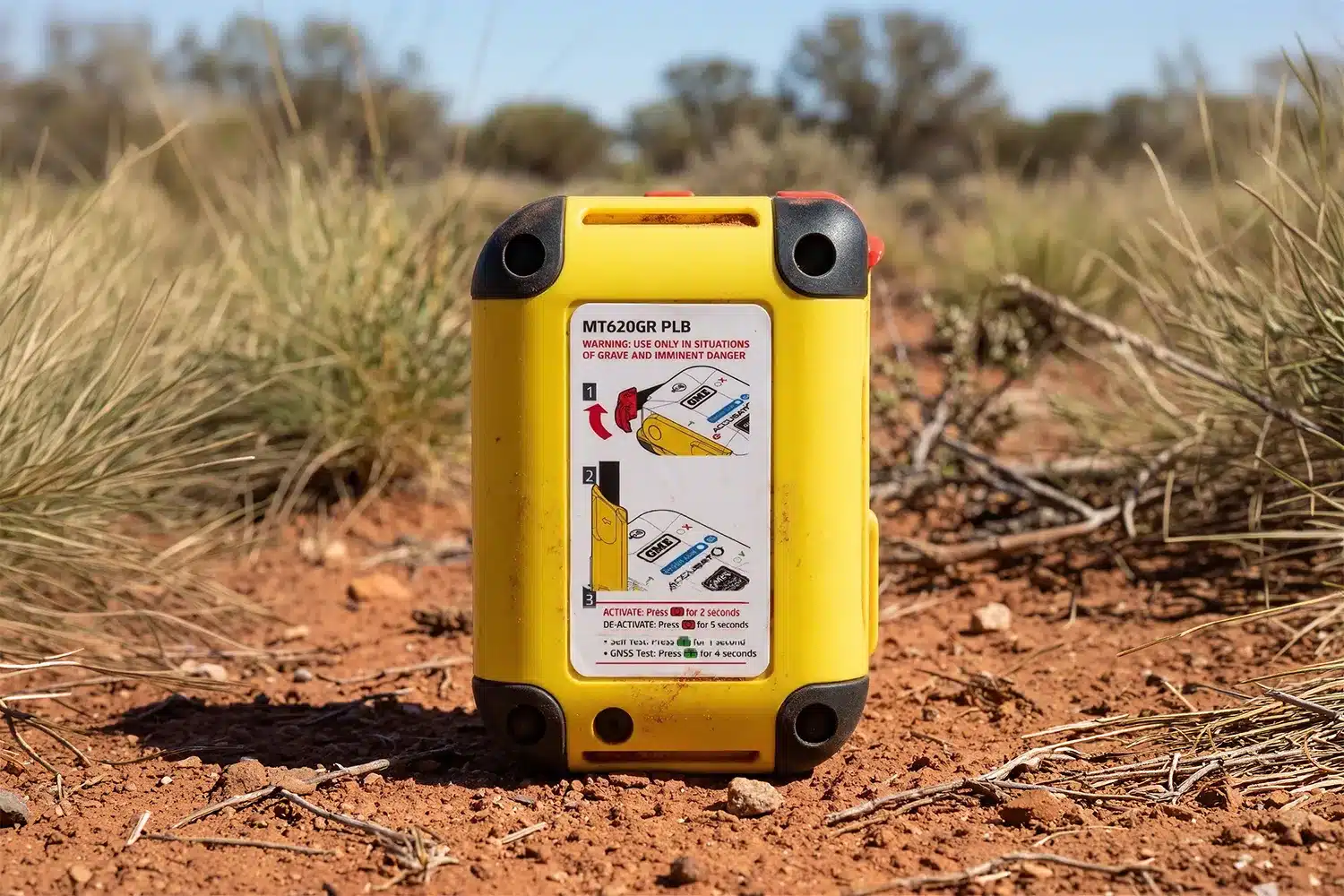 Rear panel of the GME MT620GR PLB showing the three-step activation instruction label, standing upright on red Australian outback soil