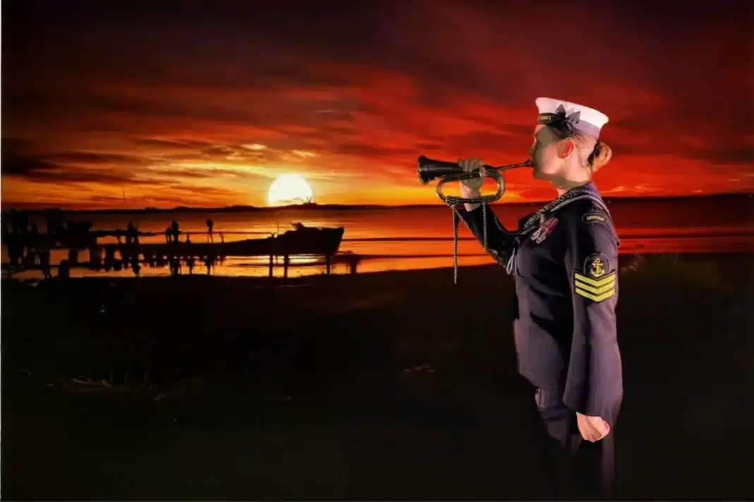 Kingston Beach TAS - Anzac Day Dawn Service wr memorial at dawn with red sky bugle being played
