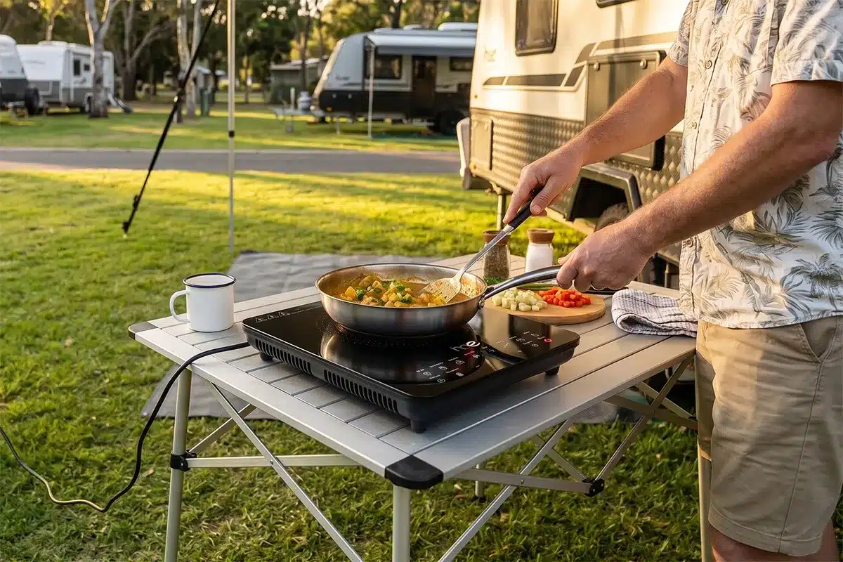 man cooking on induction cooktop while camping