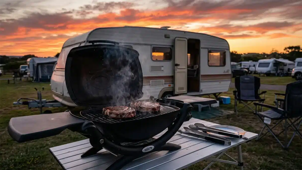 Weber Baby Q portable BBQ with sizzling steaks on the grill at a caravan park campsite, with a classic caravan and dramatic sunset sky in the background