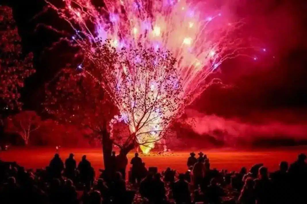 wyangala fire works bonfire 2026 red and pink in the sky