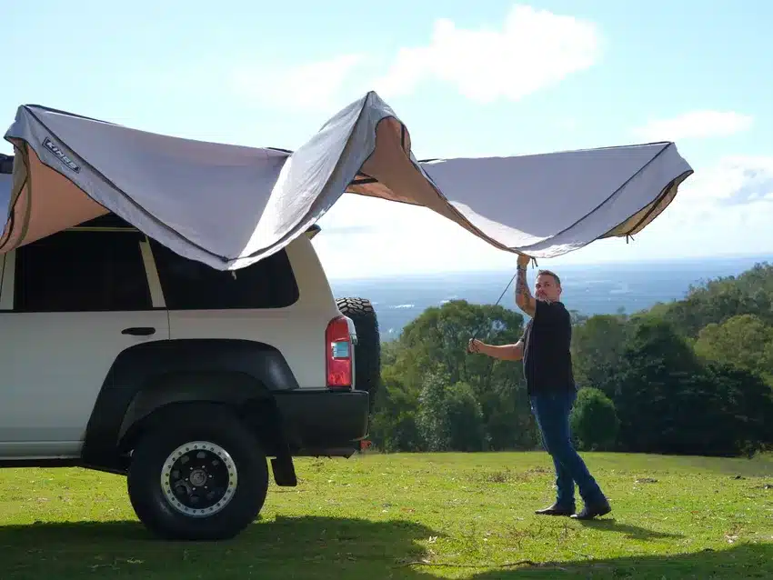 Solo setup of the Kings Plus 270 Tourer freestanding awning at a hilltop campsite