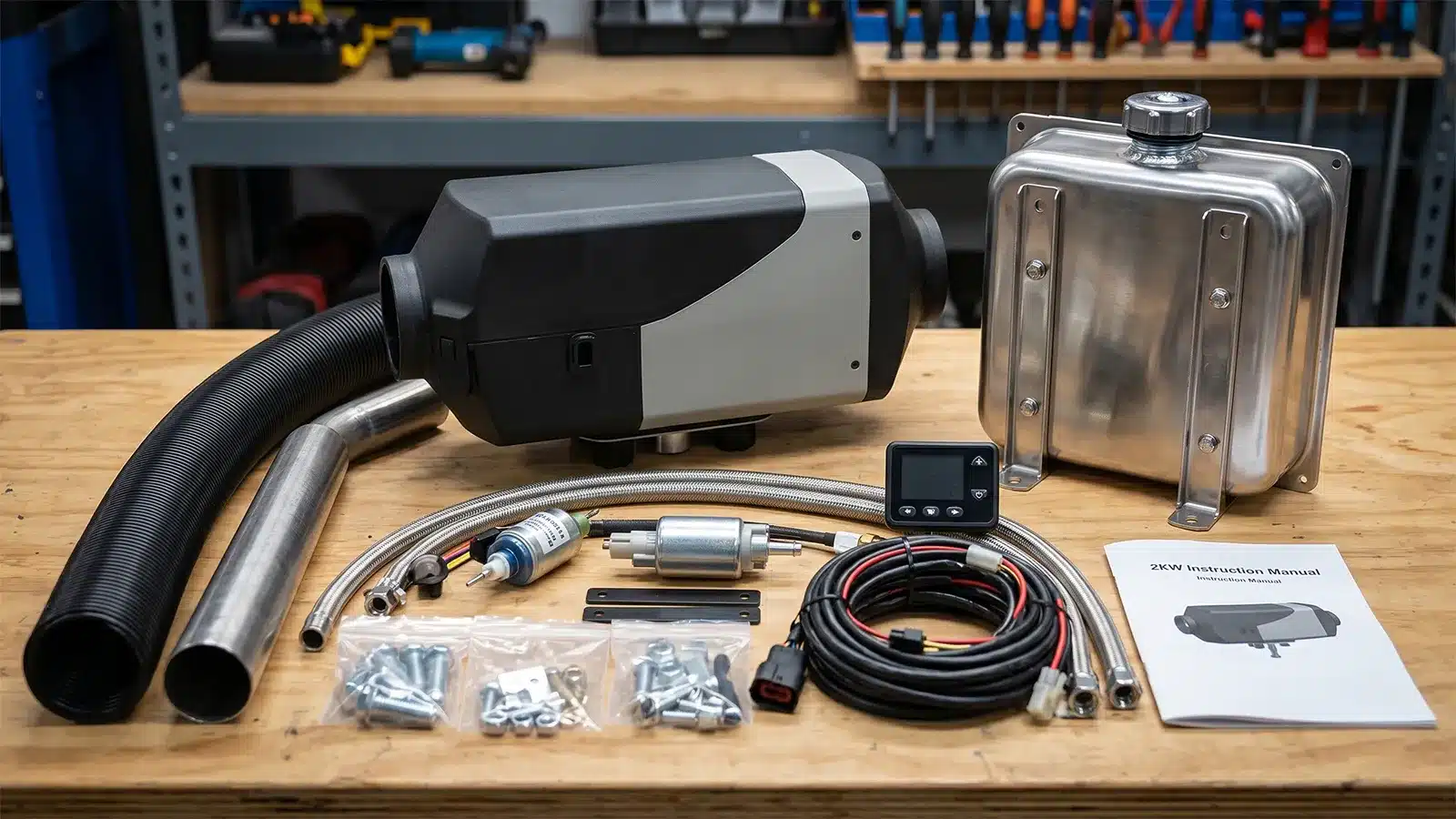A complete diesel heater installation kit laid out on a wooden workbench. The kit includes the main grey and black heater unit, a 5L stainless steel fuel tank, black flexible air ducting, metal exhaust piping, a digital controller, a wiring harness, a fuel pump, a fuel filter, bags of mounting hardware, and an instruction manual.