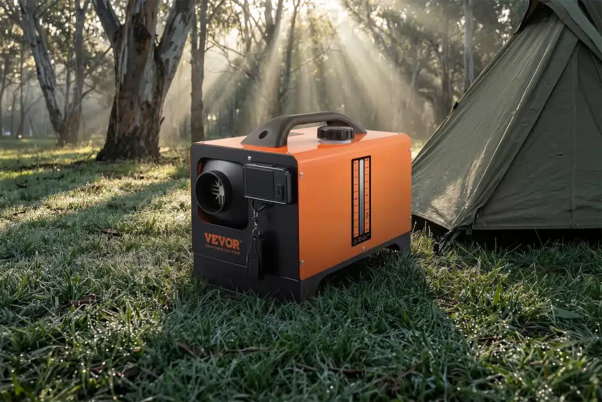 A portable orange and black Vevor diesel heater resting on dewy grass in a forest, illuminated by shafts of morning sunlight piercing through the trees. The all-in-one unit features an integrated fuel window and is positioned right next to a green tent.