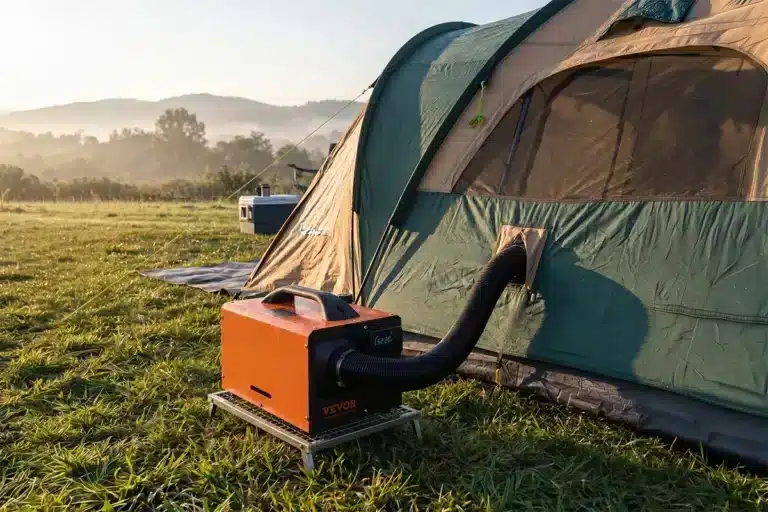 An orange and black Vevor portable diesel heater sitting on a small metal stand in a grassy field during a misty early morning. A thick black duct hose extends from the front of the heater, routing warm air into a flap on a green canvas camping tent.