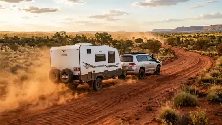 A 4WD towing a white off-road caravan along a corrugated red dirt outback road, dust billowing from the rear tyres, illustrating why caravan stone protection is essential on Australian gravel roads