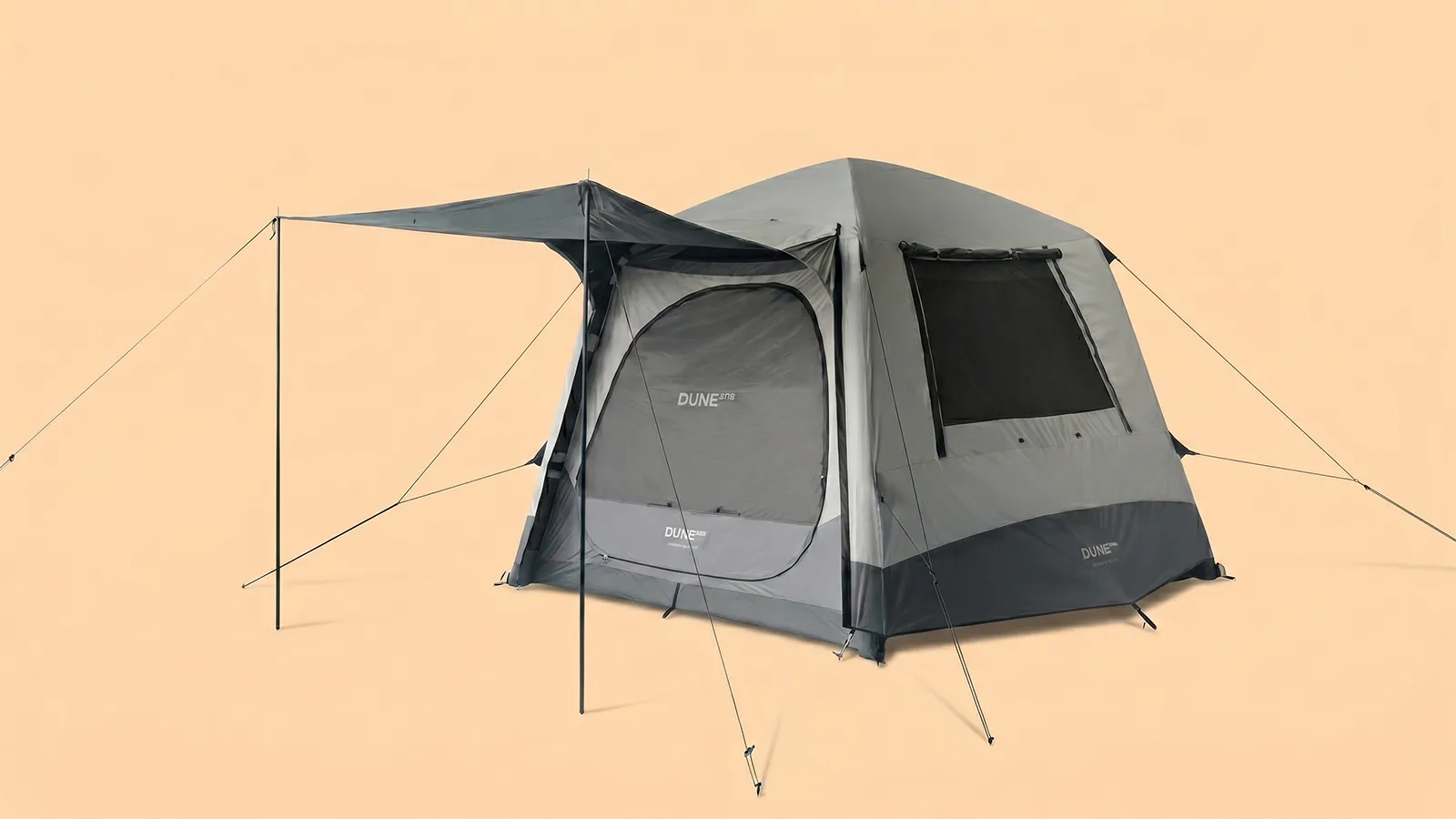 Dune 4WD Ultimate Air Tent in light grey and dark grey, shown on a neutral background with awning extended and supported by two poles