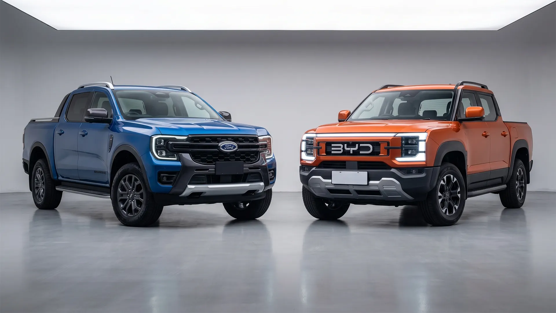 Ford Ranger Diesel ute and BYD Shark 6 PHEV side by side
