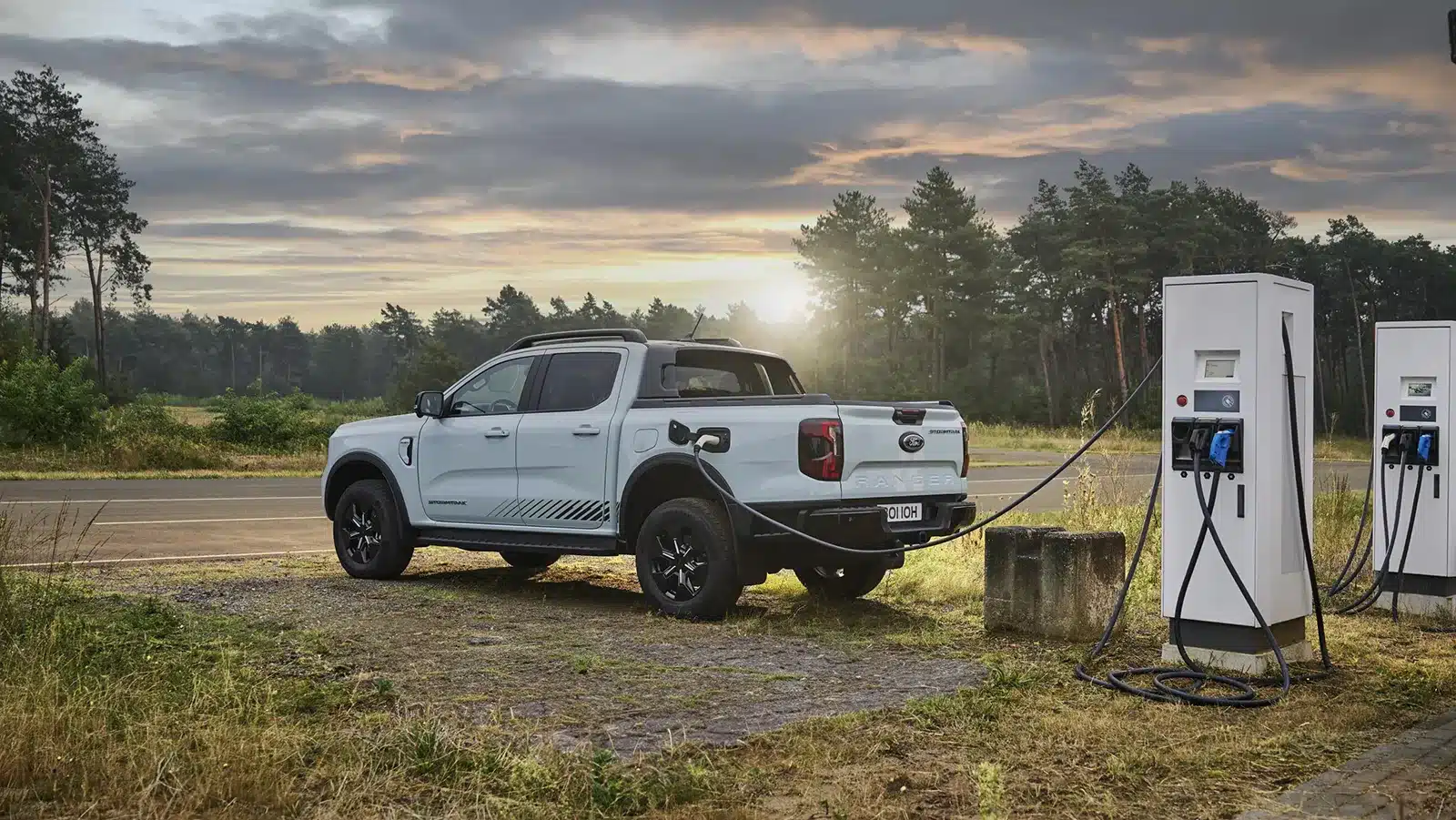 2026 ford ranger phev stormtrak plugged into ev charging unit