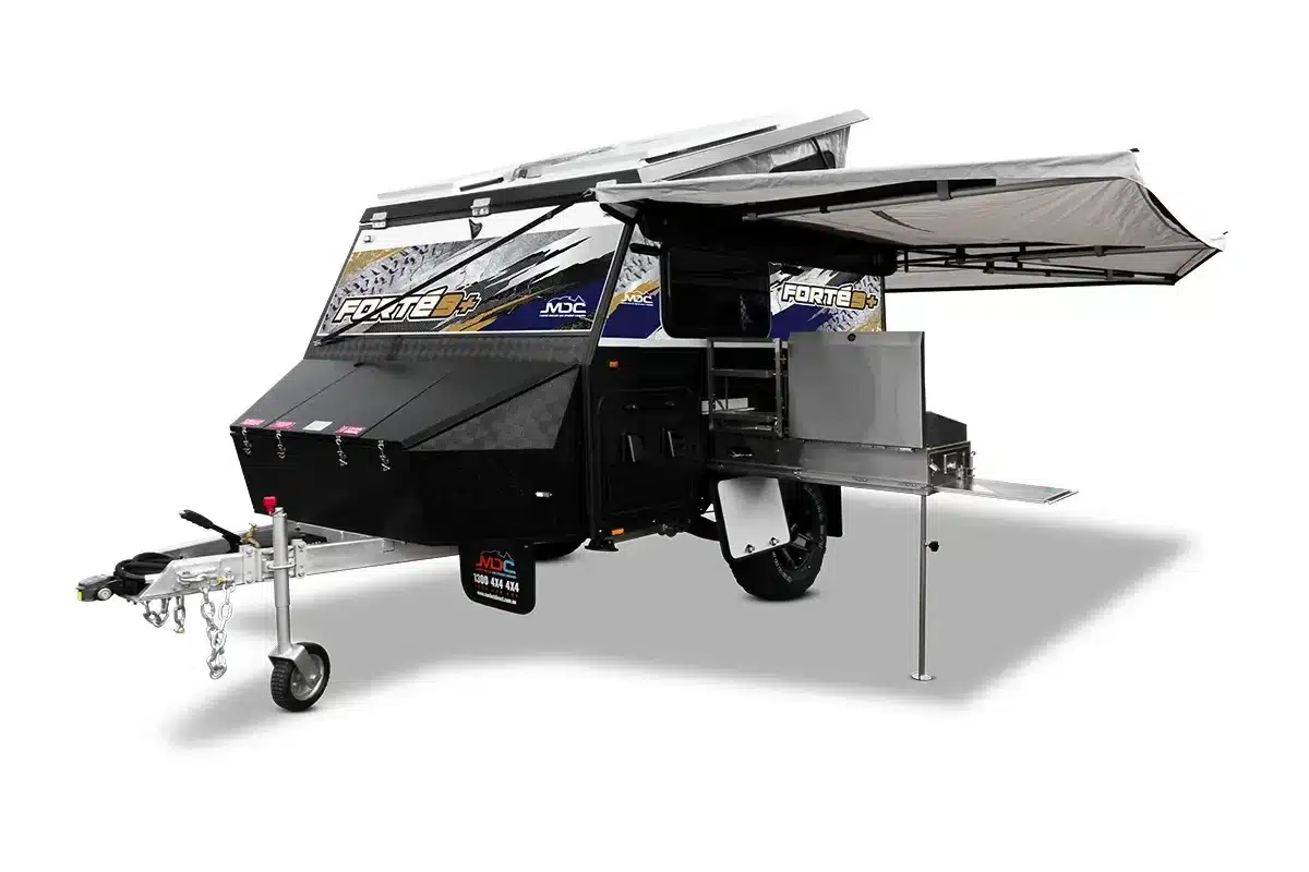 MDC Forte 9 Plus hybrid caravan front view showing large A-frame toolbox, jockey wheel, DO35 coupling, and pop-top roof open for camp