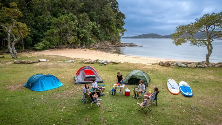 Aerial view of a family camping with tents and paddleboards on the foreshore of a calm NSW coastal waterway inside a national park