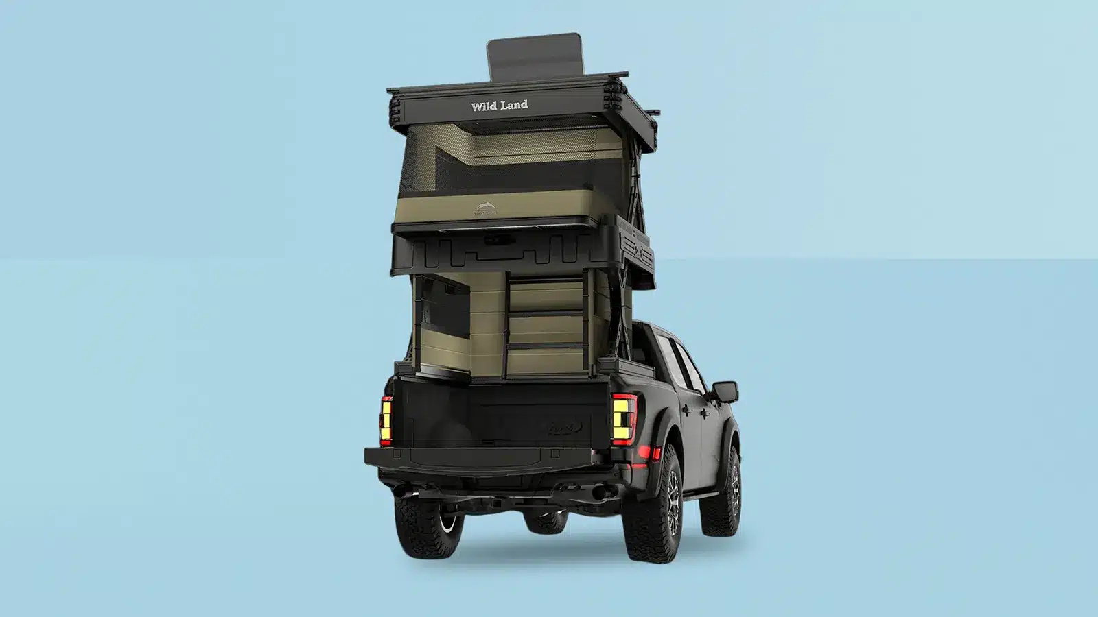 Rear view of the two-storey Wingman rooftop tent fully extended on a Ford pickup with tailgate down