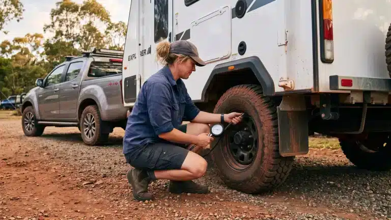 Woman checking caravan tyre pressure with a gauge beside a 4WD and off-road van