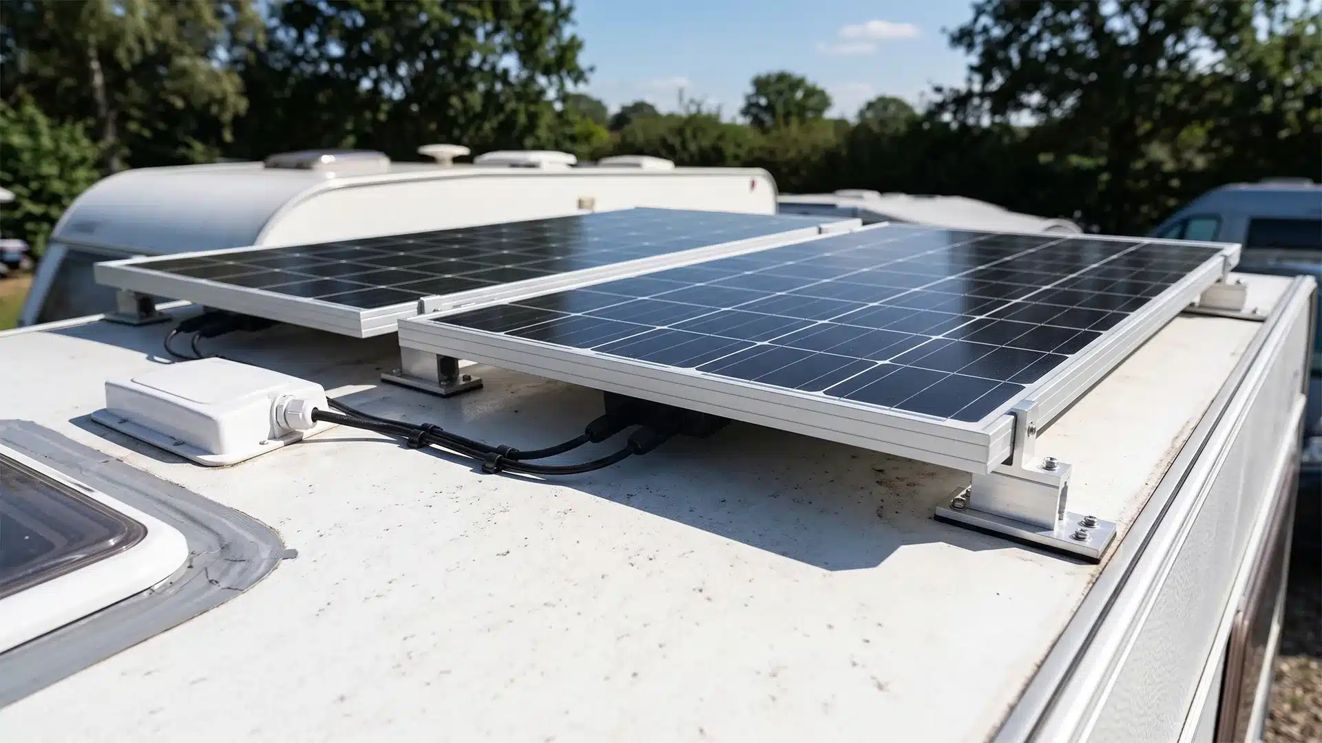 Two rigid rooftop solar panels mounted on a caravan with aluminium brackets and MC4 wiring, blue sky background