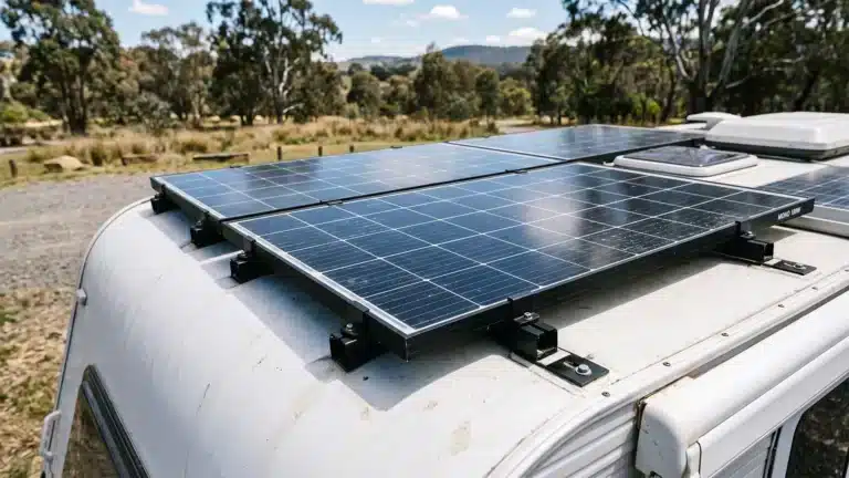 Monocrystalline solar panels mounted on a white caravan roof with black brackets, Australian eucalyptus trees and hills in the background