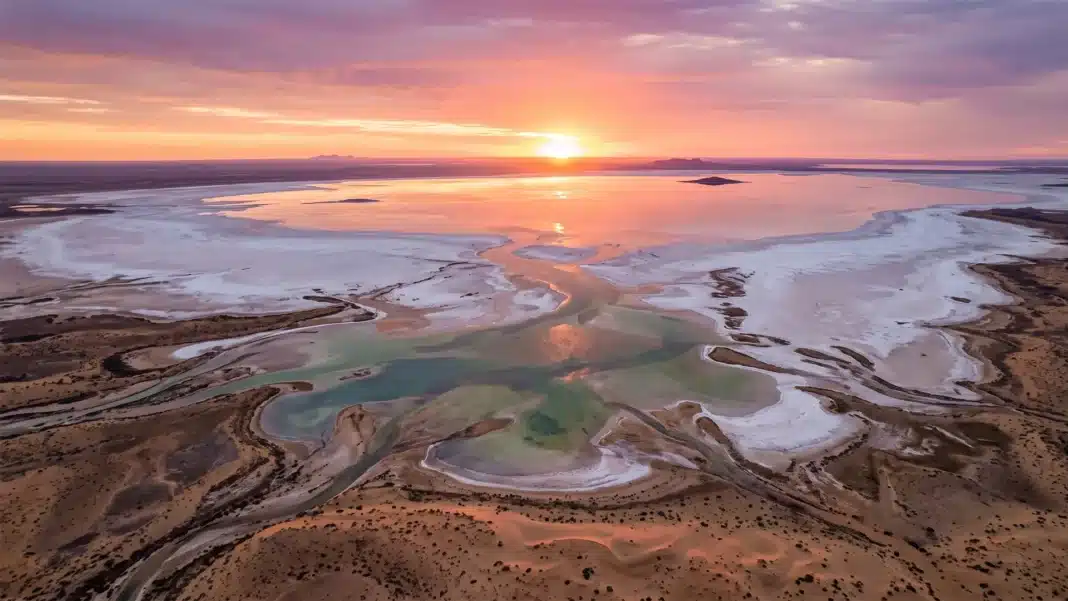 lake-eyre-filling Sunset over Kati Thanda Lake Eyre with sun reflecting on newly filled outback lake