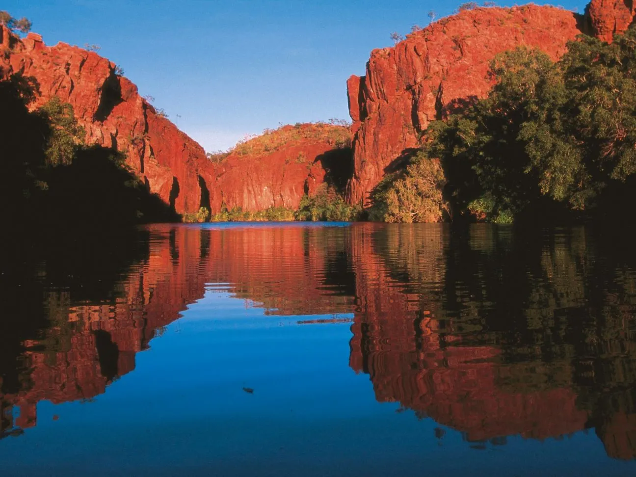 Red sandstone cliffs reflected in blue water at Lawn Hill Gorge Boodjamulla National Park
