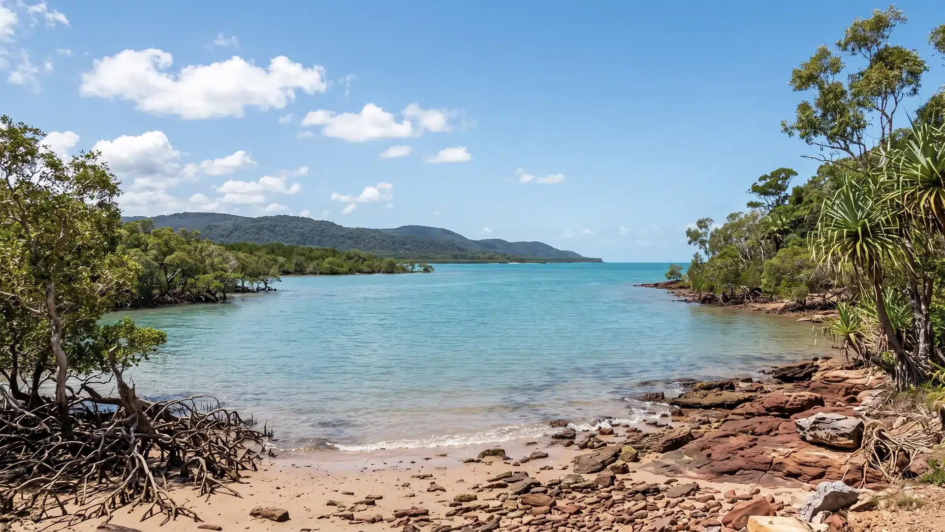 A tranquil, bright blue coastal cove viewed from a sandy and rocky shoreline featuring exposed mangrove roots, with lush green trees lining the water and forested hills in the background under a partly cloudy sky.