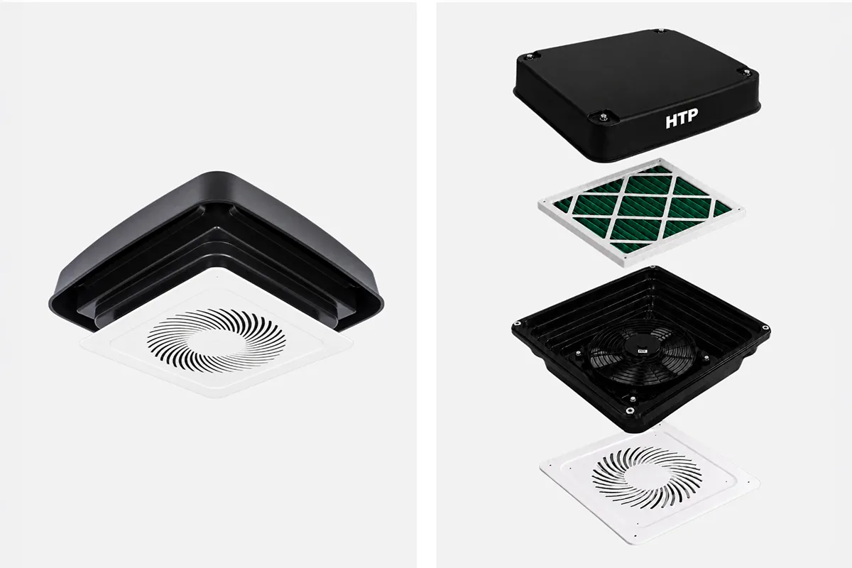 HTP caravan dust reduction system shown assembled and as an exploded view with fan, filter and roof housing